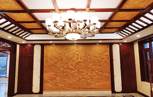 桦川中式别墅客厅中式木作横梁吊顶装饰展示